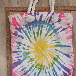 Tie-Dye Canvas Beach Tote Bag with Rope Handles - Multicolor